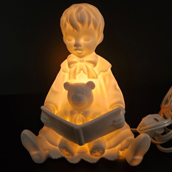 Goebel White Matte Porcelain Reading Boy and Teddy Bear Night Light - Picture 2 of 6